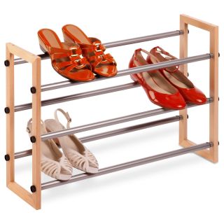 HONEY CAN DO Honey Can Do 3 Tier Expandable Wood and Metal Shoe Rack, Wood Frame