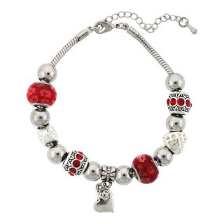 Bridge Jewelry Silver Plated Red Glass Bead Heart Charm Bracelet