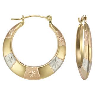 Tri Tone 14K Gold Patterned Hoop Earrings, Womens