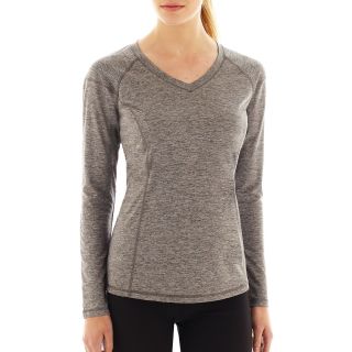 Xersion Long Sleeve V Neck Seamed Melange Tee, Grey, Womens