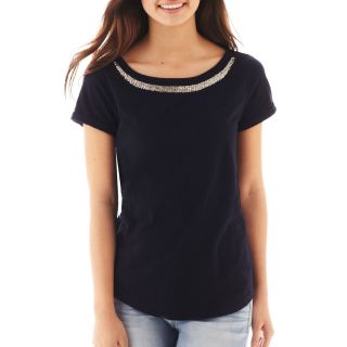 Beaded Wide Scoopneck Tee, Darkest Sky, Womens