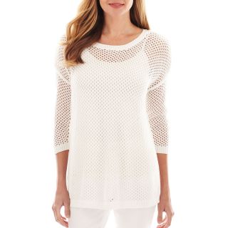 LIZ CLAIBORNE 3/4 Sleeve Open Stitch Sweater, White, Womens
