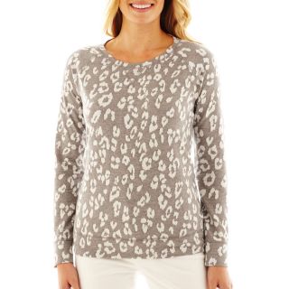 LIZ CLAIBORNE Long Sleeve Leopard Sweatshirt, Grey, Womens