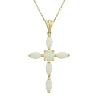 10K Yellow Gold Lab Created White Opal Cross Pendant, Womens