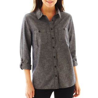 St. Johns Bay Button Front Chambray Shirt, Blk/gry Chambray