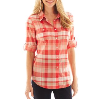 St. Johns Bay St. John s Bay Roll Sleeve Campshirt   Tall, Coral Plaid g