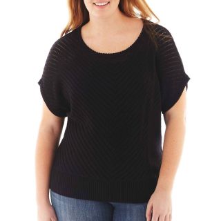 A.N.A Short Sleeve Chevron Stitch Sweater   Plus, Black, Womens