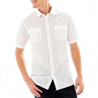 CLAIBORNE Short Sleeve Button Front Shirt, White, Mens