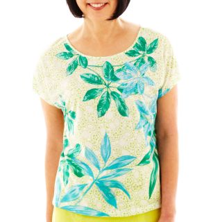 Lark Lane Tropical Leaf Placement Print Knit Top, White, Womens