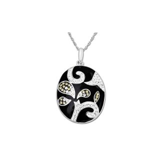 Oval Crystal and Black Enamel Pendant Sterling Silver, Womens