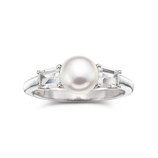 Cultured Freshwater Pearl & Lab Created White Sapphire Ring Sterling Silver,