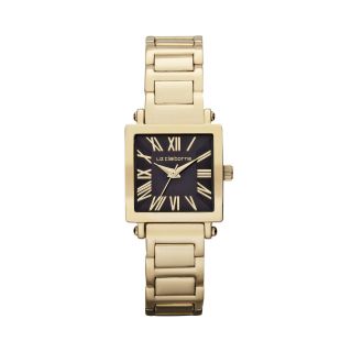 LIZ CLAIBORNE Gold Tone Black Dial Bracelet Watch, Womens