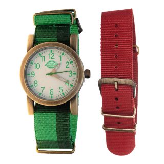 Dickies Gold Tone Green & Red Nylon Strap Watch, Mens