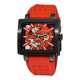 STUHRLING Mens Red Rubber Strap Square Case Skeleton Automatic Watch