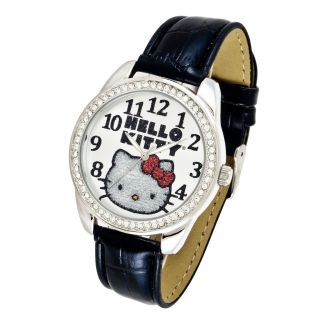 Hello Kitty Black Leather Strap Crystal Bezel Watch, Womens