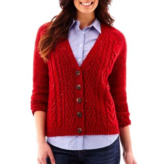 St. Johns Bay St. John s Bay Cable Knit Button Front Cardigan   Petite, Red,