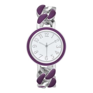 Womens Silver Tone Enamel Chain Bracelet Watch, Purple