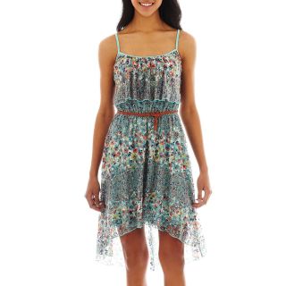 LOVE REIGNS Belted Floral Print High Low Lace Dress, Blu/crl