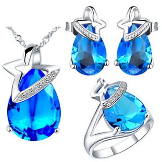 Charming Silver Plated Cubic Zirconia Drop Shaped Womens Jewelry Set(Necklace,Earrings,Ring)(Blue,Red,Purple)