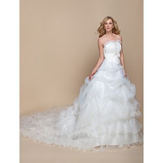 LTBridal A line Princess Strapless Cathedral Train Organza Wedding Dress(937254)