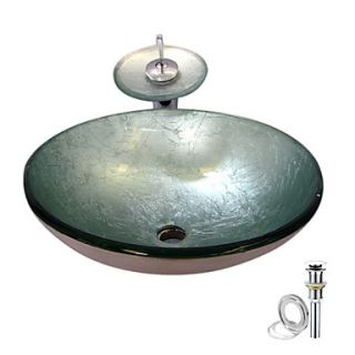 Silver Tempered glass Vessel Sink With Waterfall Faucet ,Pop   Up drain and Mounting Ring