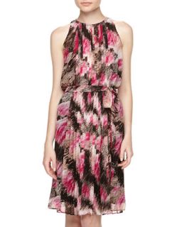 Ria Sleeveless Floral Print Pleated Crepe Dress, Pink Wing