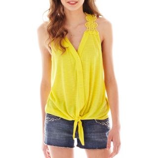 Almost Famous Sleeveless Tie Front Crochet Back Top, Yellow