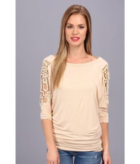 Brigitte Bailey Lace Trim Shoulder Top Womens Short Sleeve Pullover (Taupe)