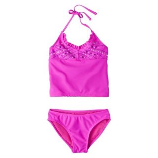 Girls 2 Piece Haltered Sequin Tankini Swimsuit Set   Pink M
