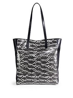 MILLY Snake Embossed Leather Tote   Black White