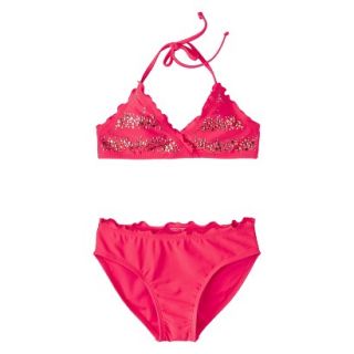 Girls 2 Piece Halter Sequin Bikini Swimsuit Set   Pink XL