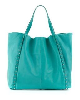 Stud Trimmed Slouchy Italian Leather Tote Bag, Turquoise