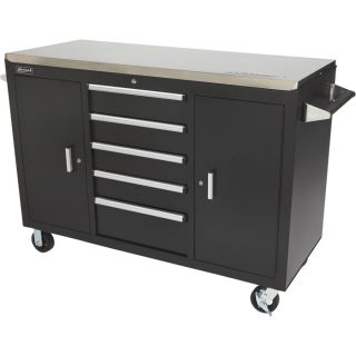 Homak 56 Inch Rolling Workstation   Black, Stainless Steel Top Worksurface,
