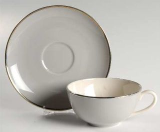 Pickard Vesta Flat Cup & Saucer Set, Fine China Dinnerware   Gray W/ Platinum Tr