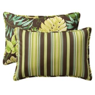 2 Piece Outdoor Reversible Toss Pillow Set   Brown/Green Floral/Stripe 24