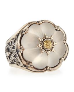 Round Flower Carved Frosted Crystal Ring, Size 7