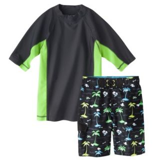 Cherokee Boys Short Sleeve Rashguard and Palm Tree Swim Trunk Set   Green/Grey