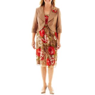 Dana Kay Floral Print Dress with Jacket, Taupe/coral