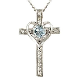 Sterling Silver Diamond/Accent Blue Topaz Heart  Cross Necklace