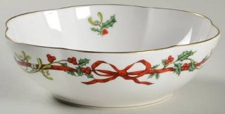 Royal Worcester Holly Ribbons Round Scalloped Dish, Fine China Dinnerware   Red