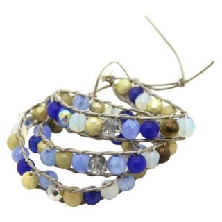 Womens Beaded Wrap Bracelet with Button Closure   Silver/Blue