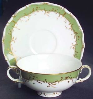 Royal Doulton Fontainebleau Green Footed Cream Soup Bowl & Saucer Set, Fine Chin