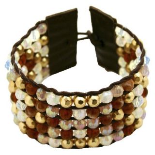 Womens Beaded Leather Bracelet with Button Closure   Brown