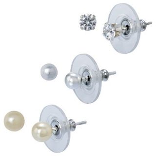 Sterling Silver 3 Pair Set of Pearl Ball Cubic Zirconia Earrings   Silver