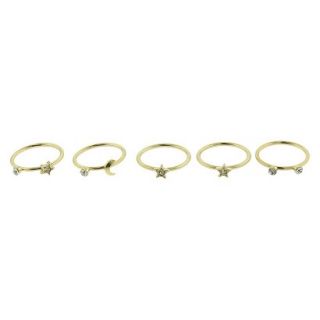Womens Five Piece Ring Set with Moon, Star and Stone Castings   Gold/Crystal