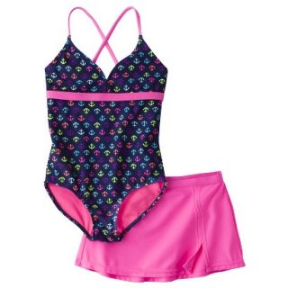 Girls 1 Piece Anchor Swimsuit and Short Set   Night Sky XS