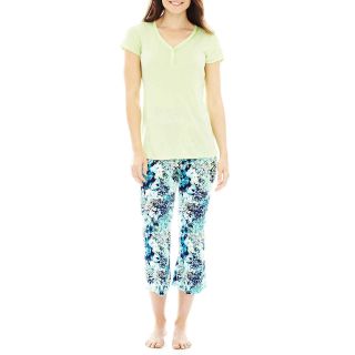 LIZ CLAIBORNE Short Sleeve Shirt and Capri Pajama Set, Celery Fl, Womens