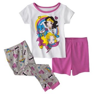 Justice League Toddler Girls 3 Piece Short Sleeve Pajama Set   White 5T