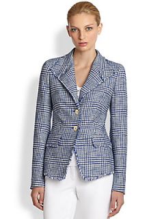 Escada Check Fringed Blazer   Azure