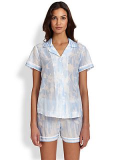 Oscar de la Renta Sleepwear Sheer Printed Cotton Voile Pajama Set    White Blue